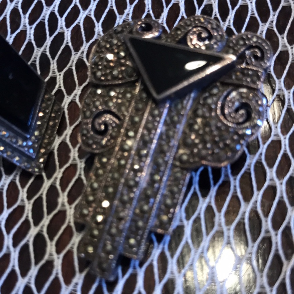 STERLING SILVER AND ONYX AND MARCASITE EARRINGS SET HANDCRAFTED - Picture 3 of 10
